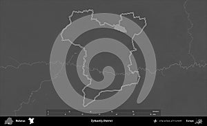 Zytkavicy District outlined, Belarus. Grayscale