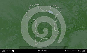 Zytkavicy District outlined, Belarus. Physical