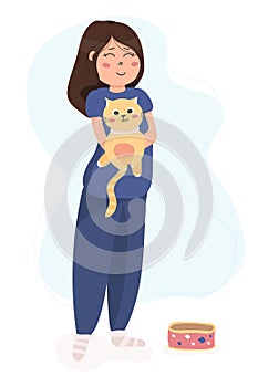 Adorable pet owner and cute domestic animal. Colorful cartoon vector stock illustration of cat lover in flat style.