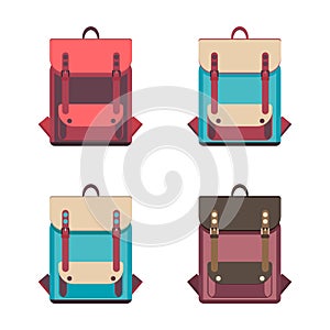 Backpack icon set in cartoon flat style isolated on white background.