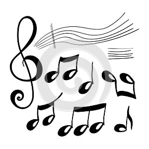 Vector illustration set of simple hand drawn music note design element in doodle style