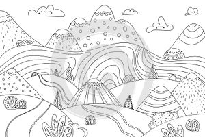 Doodle cute cartoon meadowland, hills, mountains, clouds and road.