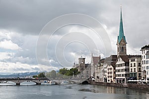 ZÃ¼rich cityscape with Limmat River and FraumÃ¼nster Church tower