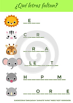 ÃÂ¿QuÃÂ© letras faltan? - What letters are missing? Complete the words. Matching educational game for children with cute animals. photo