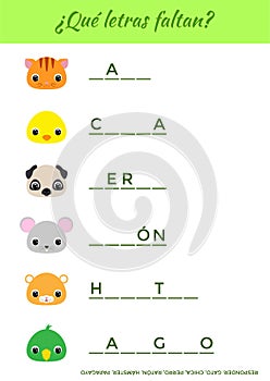 ÃÂ¿QuÃÂ© letras faltan? - What letters are missing? Complete the words. Matching educational game for children with cute animals. photo