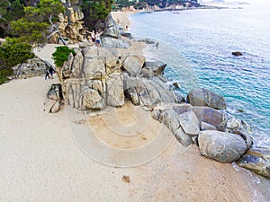 ÃÂerial view. Rocks on the coast of Lloret de Mar in a beautiful summer day,sandy beach, Costa Brava, Catalonia, Spain. photo