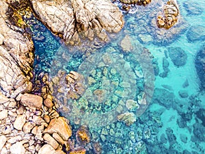 ÃÂerial view. Rocks on the coast of Lloret de Mar in a beautiful summer day,sandy beach, Costa Brava, Catalonia, Spain. photo