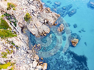 ÃÂerial view. Rocks on the coast of Lloret de Mar in a beautiful summer day,sandy beach, Costa Brava, Catalonia, Spain. photo