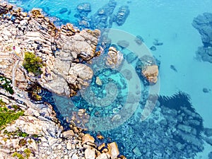 ÃÂerial view. Rocks on the coast of Lloret de Mar in a beautiful summer day,sandy beach, Costa Brava, Catalonia, Spain. photo