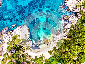 ÃÂerial view. Rocks on the coast of Lloret de Mar in a beautiful summer day,sandy beach, Costa Brava, Catalonia, Spain. photo