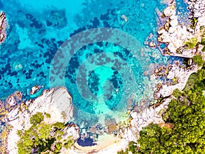 ÃÂerial view. Rocks on the coast of Lloret de Mar in a beautiful summer day,sandy beach, Costa Brava, Catalonia, Spain. photo