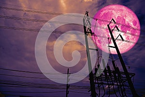 à¸Ÿfull pink moon back silhouette power electric line pillar in dar