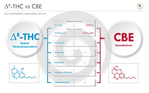 âˆ†8-THC vs CBE, Delta 8 Tetrahydrocannabinol vs Cannabielsoin horizontal business infographic