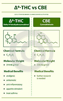 âˆ†9-THC vs CBE, Delta 9 Tetrahydrocannabinol vs Cannabielsoin vertical infographic