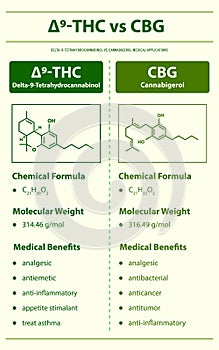 âˆ†9-THC vs CBG, Delta 9 Tetrahydrocannabinol vs Cannabigerol vertical infographic Complete