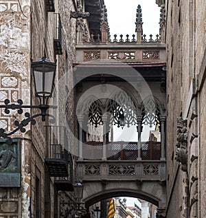 â€˜Pont del Bisbeâ€˜ or â€˜Bishopâ€™s Bridgeâ€™ in Gothic Quarter of Barcelona