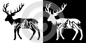 â€‹Elk and Mountains Trees Tattoo Design. Adventure and travel graphic For t shirt, greeting card or poster design Background