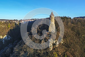 Ã–denturm lookout tower on a mountain spur above Geislingen an der Steige, Swabian Alb, Germany