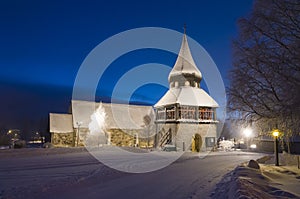 Ã…re medieval church and belltower wintertime evening