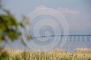 The Ã–resund bridge looks almost blue in the foggy summer morning by the coast of MalmÃ¶, Sweden