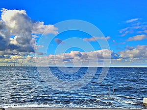 Ã–resund Bridge from MalmÃ¶ beach at daytime