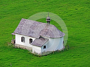 Ã„lggi chapel or Aelggi-Kapelle on the alpine pasture Ã„lggi Alp and next to the geographical center of the country, Sachseln
