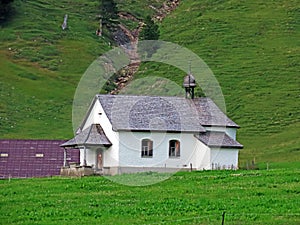 Ã„lggi chapel or Aelggi-Kapelle on the alpine pasture Ã„lggi Alp and next to the geographical center of the country, Sachseln