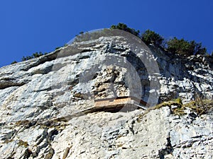 Ã„scher cliff or Ã„scher-Felsen Aescher-Felsen or Ascher-Felsen in the Alpstein mountain range and in the Appenzellerland region