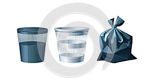 Ðžffice mesh metal and plastic bucket and trash bags. Waste sorting and recycling vector