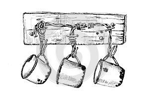 Ðžld iron cups hanging on a wooden plank hand drawn picture