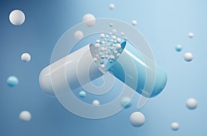 Ðžpen white and blue pill with white and blue balls flying out of it over a blue background. 3d render