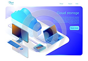 Ð”Ñ€ÑƒÐºCloud data storage web page template for websites about computing services. Isometric vector illustration.