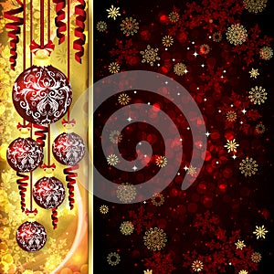 Ð¡hristmas card with Ð¡hristmas balls, serpentine on golden and red background