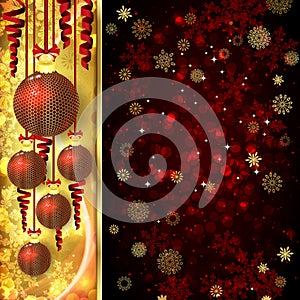 Ð¡hristmas card with Ð¡hristmas balls, serpentine on golden and red background