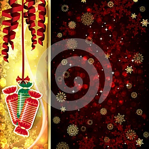 Ð¡hristmas card with Ð¡hristmas decor, serpentine, snowflakes, confetti on golden and red background