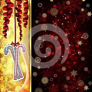 Ð¡hristmas card with Ð¡hristmas decor, serpentine, snowflakes, confetti on golden and red background