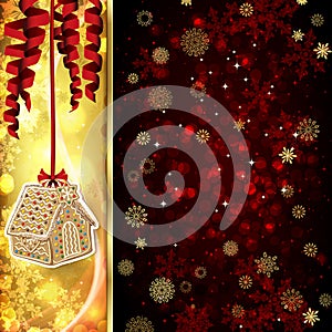 Ð¡hristmas card with Ð¡hristmas decor, serpentine, snowflakes, confetti on golden and red background