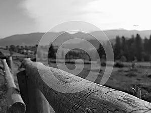 Ð¡lose-up. Log. Beautiful mountains landscape. Ð¡ountryside meadow. Peacefulness. Black and white photo Carpathian