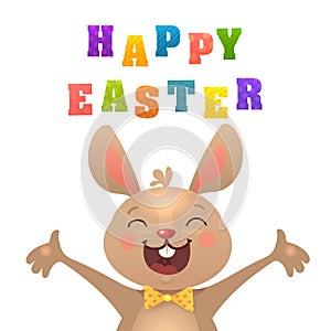 ÐŸÐµÑ‡Ð°Ñ‚ÑŒHappy Easter Greeting Card with Bunny. Cute Easter Bunny with Colorful Egg ans Carrots. Vector illustration