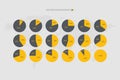 10 15 20 25 30 35 40 45 50 55 60 65 70 75 80 85 90 percent pie chart set. Circle diagrams. Dotted world map. Vector percentage set