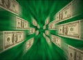 $100 bills flying through a green vortex