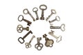 13 old skeleton keys in a circle isolated