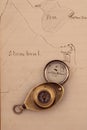 1872 hand drawn map and ancient compass