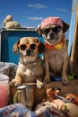 2 happy dogs with sun glasses at the beach. Summer feelings, vacation concept. Generative AI Royalty Free Stock Photo