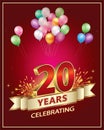 20 years anniversary celebrating. Golden numbers with fireworks on red background with ribbon and balloons. Vector illustration