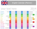 2014 English Planner Calendar with Horizontal Months
