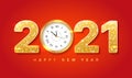 2021 Happy New Year. Golden Numbers with sequins and wall clock. Background, banner, flyer, Christmas card. Holiday vector Royalty Free Stock Photo