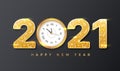 2021 Happy New Year. Golden Numbers with sequins and wall clock. Background, banner, flyer, Christmas card. Holiday vector illustr Royalty Free Stock Photo