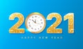 2021 Happy New Year. Golden Numbers with sequins and wall clock. Background, banner, flyer, Christmas card. Holiday vector illustr Royalty Free Stock Photo