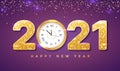 2021 Happy New Year. Golden Numbers with sequins and wall clock. Background, banner, flyer, Christmas card. Holiday vector illustr Royalty Free Stock Photo